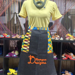 Delantal diseño geométrico amarillo, verde, negro y rojo.